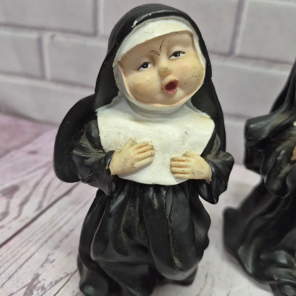 Vintage Set of 4 Singing Nun Figurines Black White Religious Sisters Decor 5in